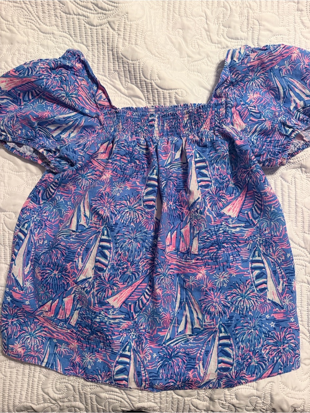 Lilly Pulitzer Blue & Pink Sailboat Smocked Off (or On) Shoulder Top